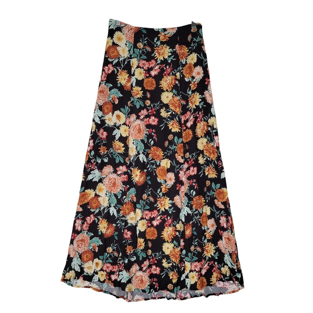 Floral Maxi Skirt Women Small Black Yellow High Waisted Rayon Side Zip Boho